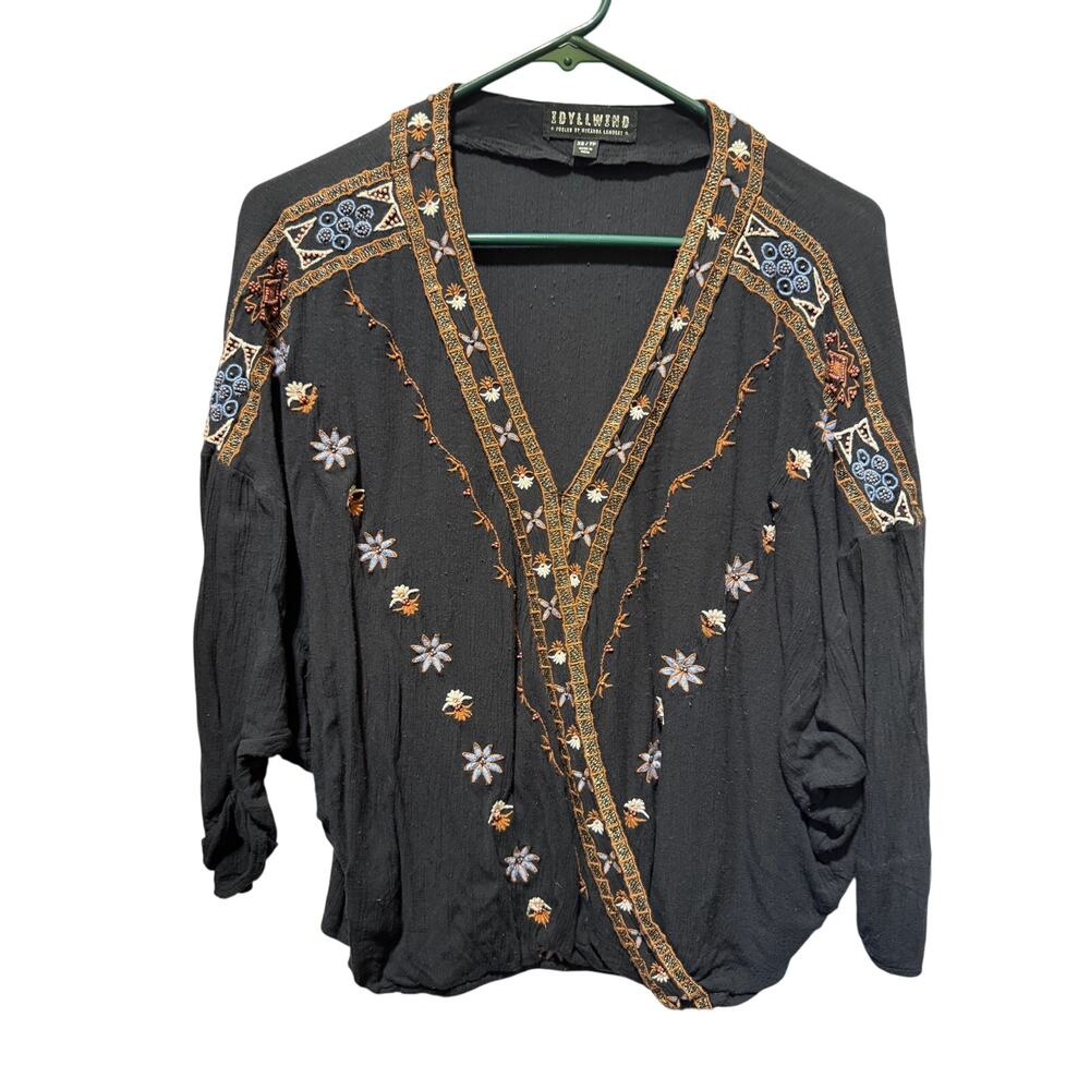 Idyllwind Boho Wrap Front Embroidered 3/4 Sleeve Top Oversized Size XS